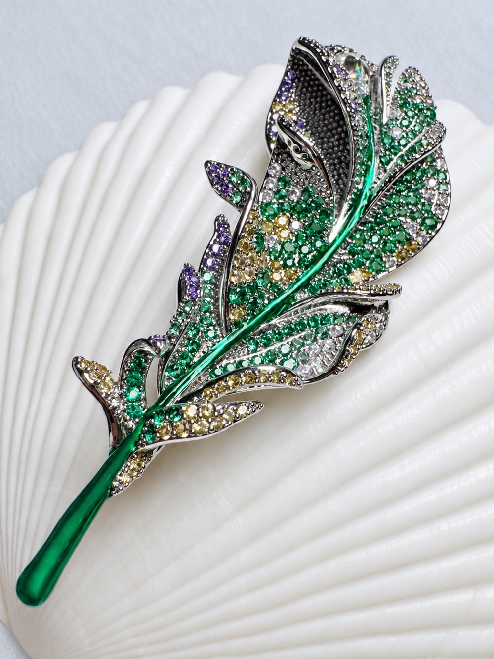 Green Feather Brooch Multicolor Statement Jewelry